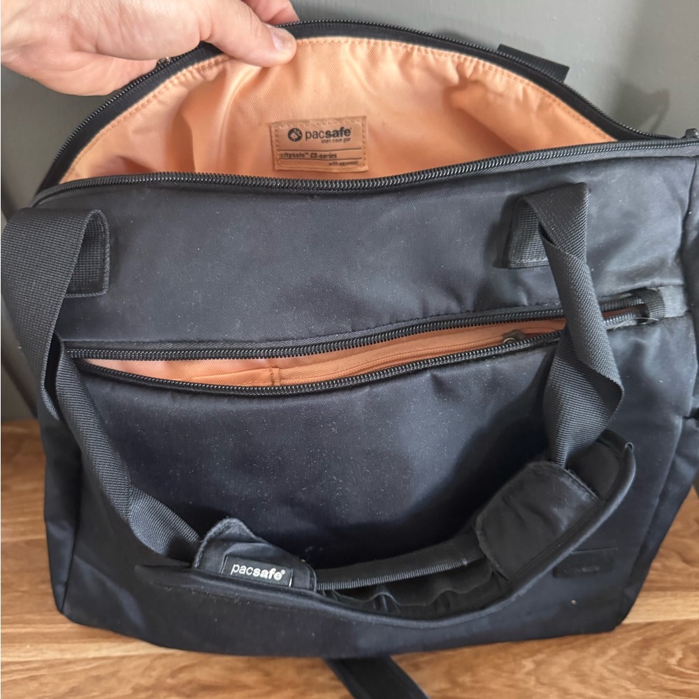 Pacsafe Black Laptop Tote with Peach Interior